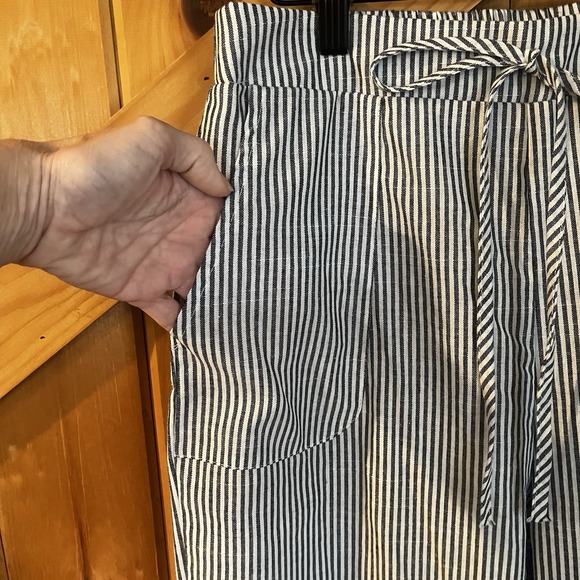 Women's Large Black White Striped Wide Leg Pants Partial Elastic Waist Pockets - Picture 3 of 8